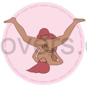 Ilustração da posição sexual Triângulo Invertido com mulher inclinada e pernas abertas enquanto outra pessoa ajoelhada à frente realiza estímulo oral.