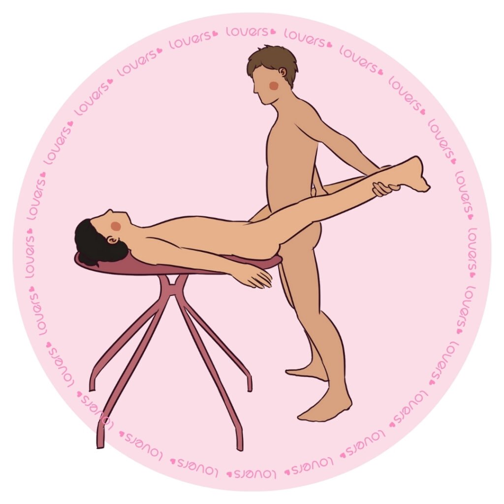 Ilustração da posição sexual Nas Alturas com pessoa deitada na beira da mesa e pernas abertas enquanto parceiro em pé à frente as segura.