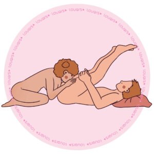 Ilustração da posição sexual Nas Nuvens com homem deitado segurando as pernas elevadas enquanto parceira ajoelhada realiza estímulo oral.