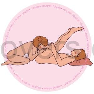 Ilustração da posição sexual Nas Nuvens com homem deitado segurando as pernas elevadas enquanto parceira ajoelhada realiza estímulo oral.