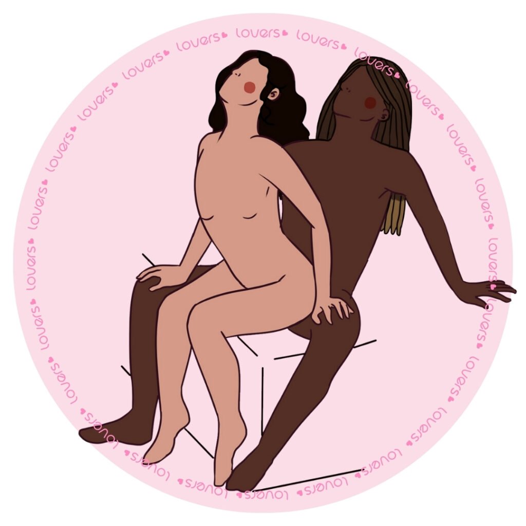 Ilustração da posição sexual Na Beiradinha com parceiro sentado na beira da cama e corpo reclinado enquanto a outra pessoa se posiciona sentada de costas sobre ele.