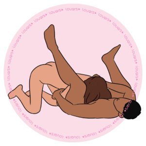 Ilustração da posição sexual Cai de Boca com parceiro deitado e pernas elevadas enquanto a outra pessoa se posiciona entre elas realizando estímulo oral.