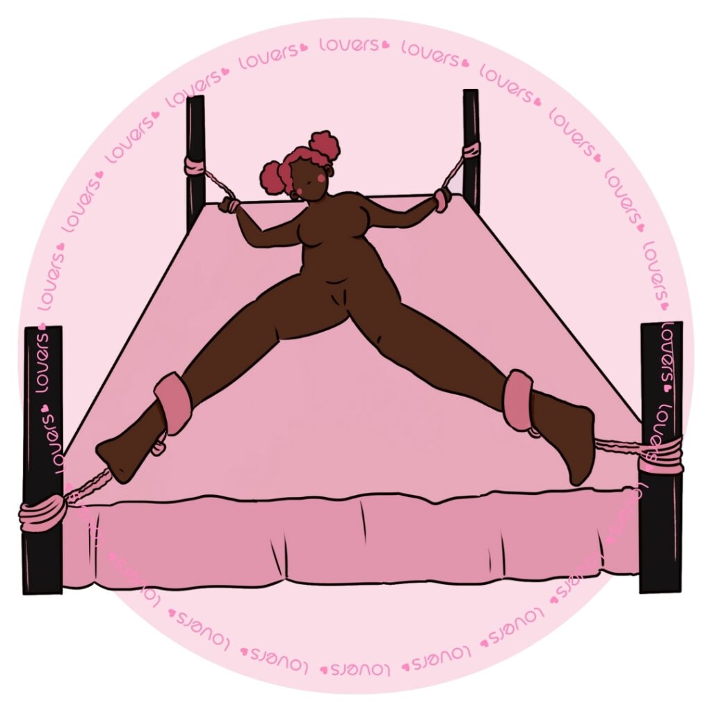 Ilustração da posição sexual Prisioneira com mulher deitada na cama e braços e pernas presos à cabeceira.