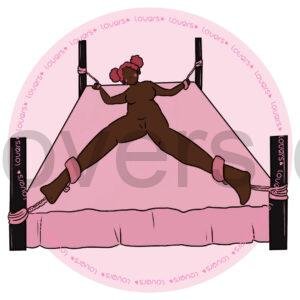 Ilustração da posição sexual Prisioneira com mulher deitada na cama e braços e pernas presos à cabeceira.