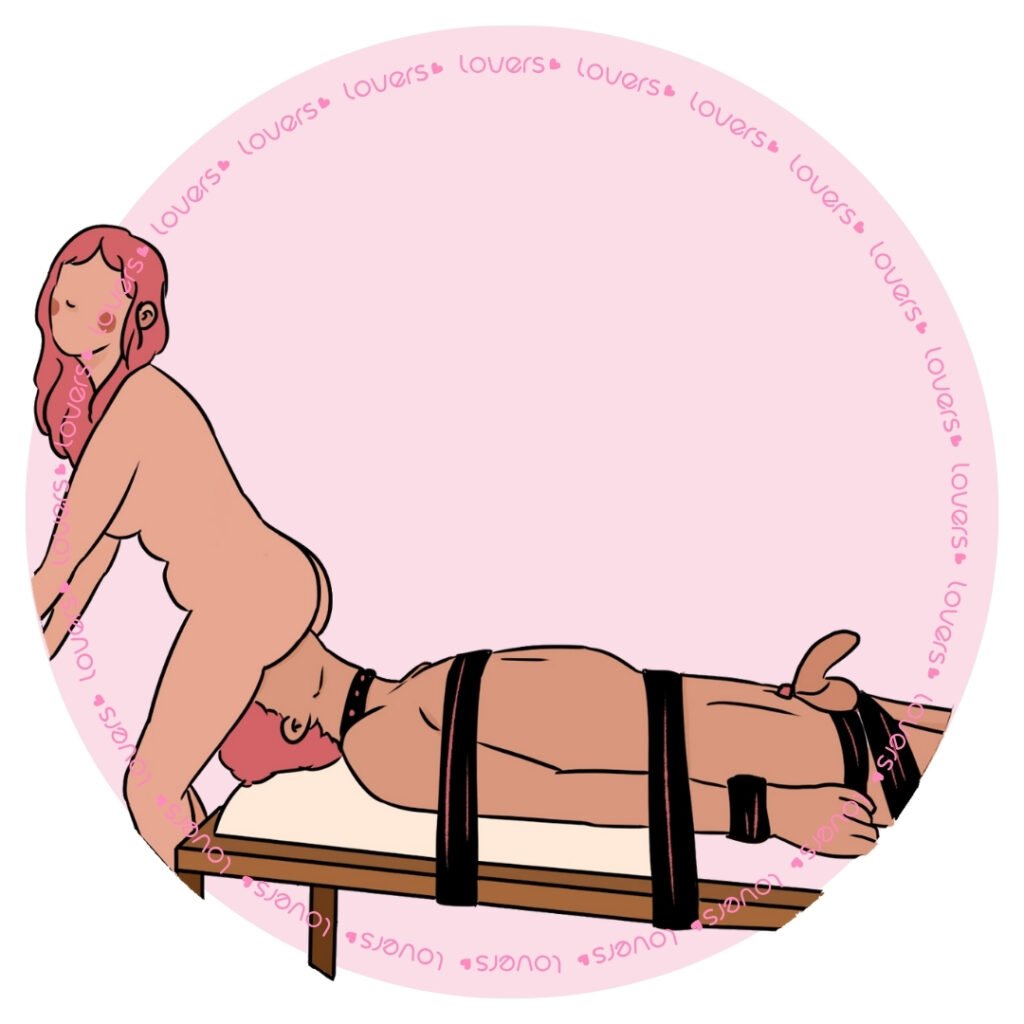 Ilustração da posição sexual Surra de Bunda com parceiro deitado e amarrado na beira da cama enquanto a outra pessoa, de costas, se posiciona sobre seu rosto.