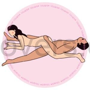 Ilustração da posição sexual Prancha com homem deitado de pernas abertas enquanto mulher se posiciona por cima de bruços em sentido oposto.