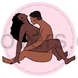 Ilustração da posição sexual Flor de Lótus com uma pessoa sentada de pernas estendidas enquanto a outra se posiciona por cima, de frente, recebendo beijo no pescoço.