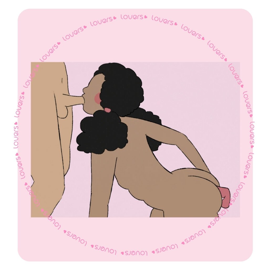 Ilustração da posição sexual De Quatro e Chupando com mulher ajoelhada realizando sexo oral e homem em pé, utilizando acessório com ventosa na parede.