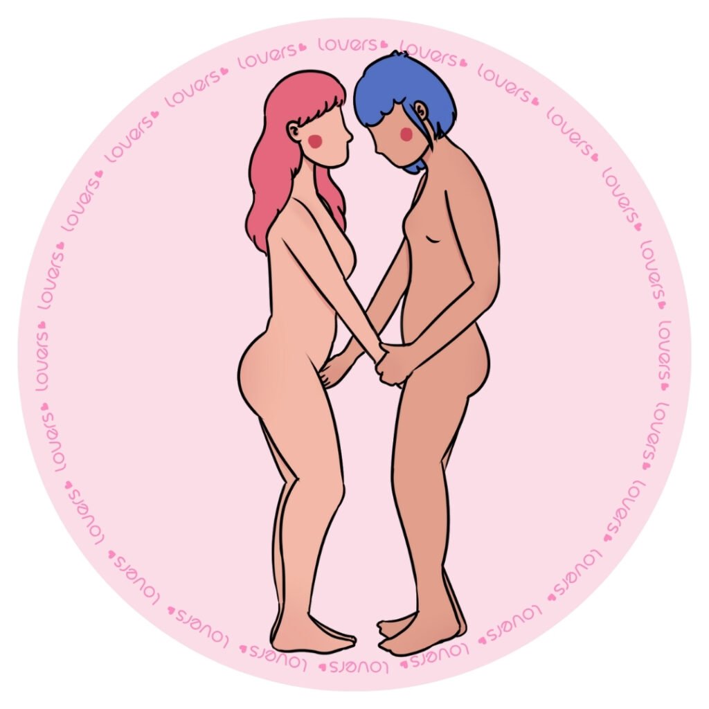 Ilustração da posição sexual Toca Aqui com duas pessoas em pé estimulando a região íntima uma da outra.