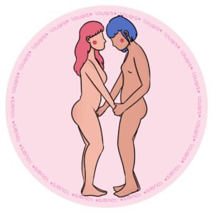Ilustração da posição sexual Toca Aqui com duas pessoas em pé estimulando a região íntima uma da outra.