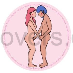 Ilustração da posição sexual Toca Aqui com duas pessoas em pé estimulando a região íntima uma da outra.