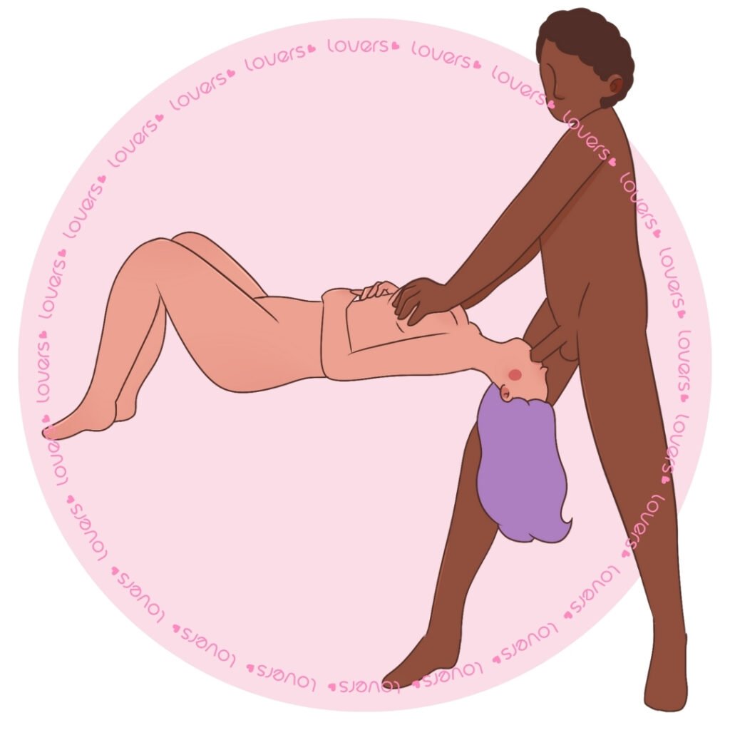 Ilustração da posição sexual Garganta Profunda com mulher deitada e cabeça fora da cama enquanto parceiro em pé realiza estímulo oral.