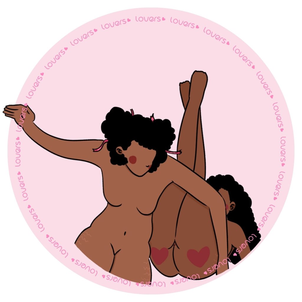 Ilustração da posição sexual BDSM Carimbada com uma mulher sentada enquanto dá tapas na nádega da outra, deitada ao lado com as pernas elevadas.