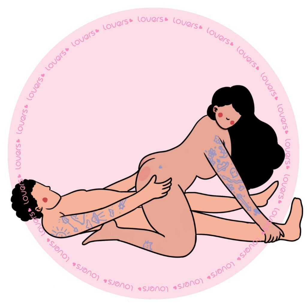 Ilustração da posição sexual Trava-Segura com homem deitado de pernas abertas e mulher sentada de costas sobre ele, apoiada nos tornozelos dele.