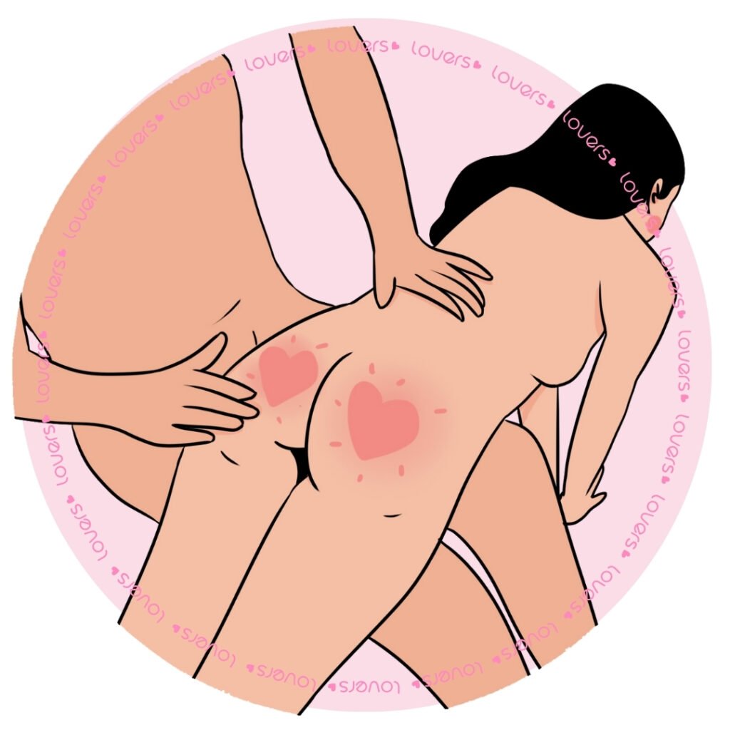 Ilustração da posição sexual Um Tapinha Não Dói com mulher de bruços sobre parceiro sentado enquanto ele dá leves tapas em sua nádega.