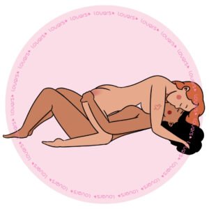 Ilustração da posição sexual Lambada com uma pessoa deitada e joelhos flexionados enquanto a outra está por cima, apoiada nos braços e joelhos, enquanto se beijam.
