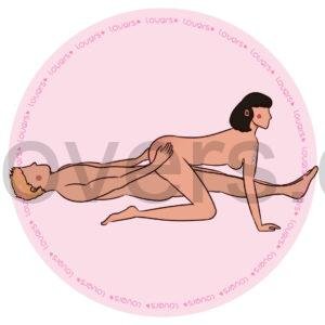 Ilustração da posição sexual Segura com homem deitado de pernas fechadas enquanto mulher de quatro se posiciona por cima com apoio de joelhos e mãos.