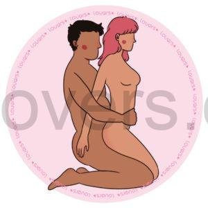 Ilustração da posição sexual Sentada Descomplicada com ambos ajoelhados, mulher à frente com pernas entre as do parceiro.