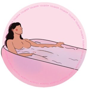 Ilustração de mulher deitada em banheira com mão submersa estimulando a região íntima.