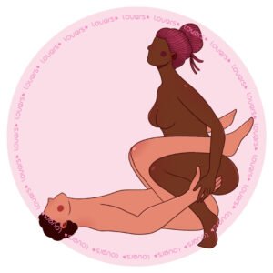 Ilustração da posição sexual Amazona com homem deitado e joelhos flexionados enquanto mulher senta de frente com pés apoiados no chão.