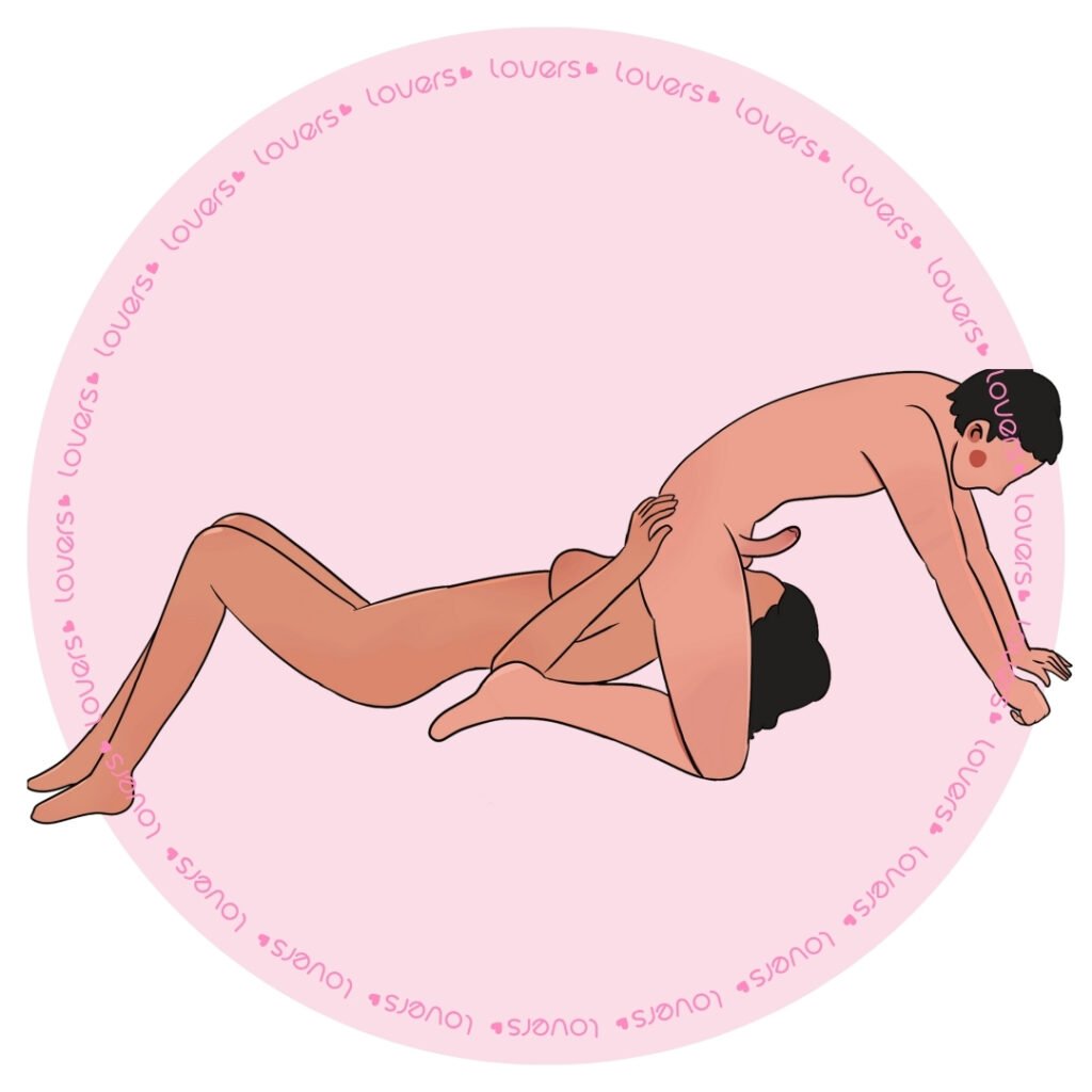 Ilustração da posição sexual Passa na Minha Cara com homem ajoelhado sobre a parceira deitada, aproximando os testículos da boca dela.