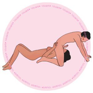 Ilustração da posição sexual Passa na Minha Cara com homem ajoelhado sobre a parceira deitada, aproximando os testículos da boca dela.