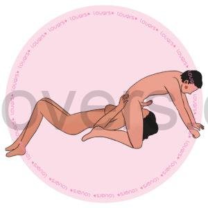 Ilustração da posição sexual Passa na Minha Cara com homem ajoelhado sobre a parceira deitada, aproximando os testículos da boca dela.