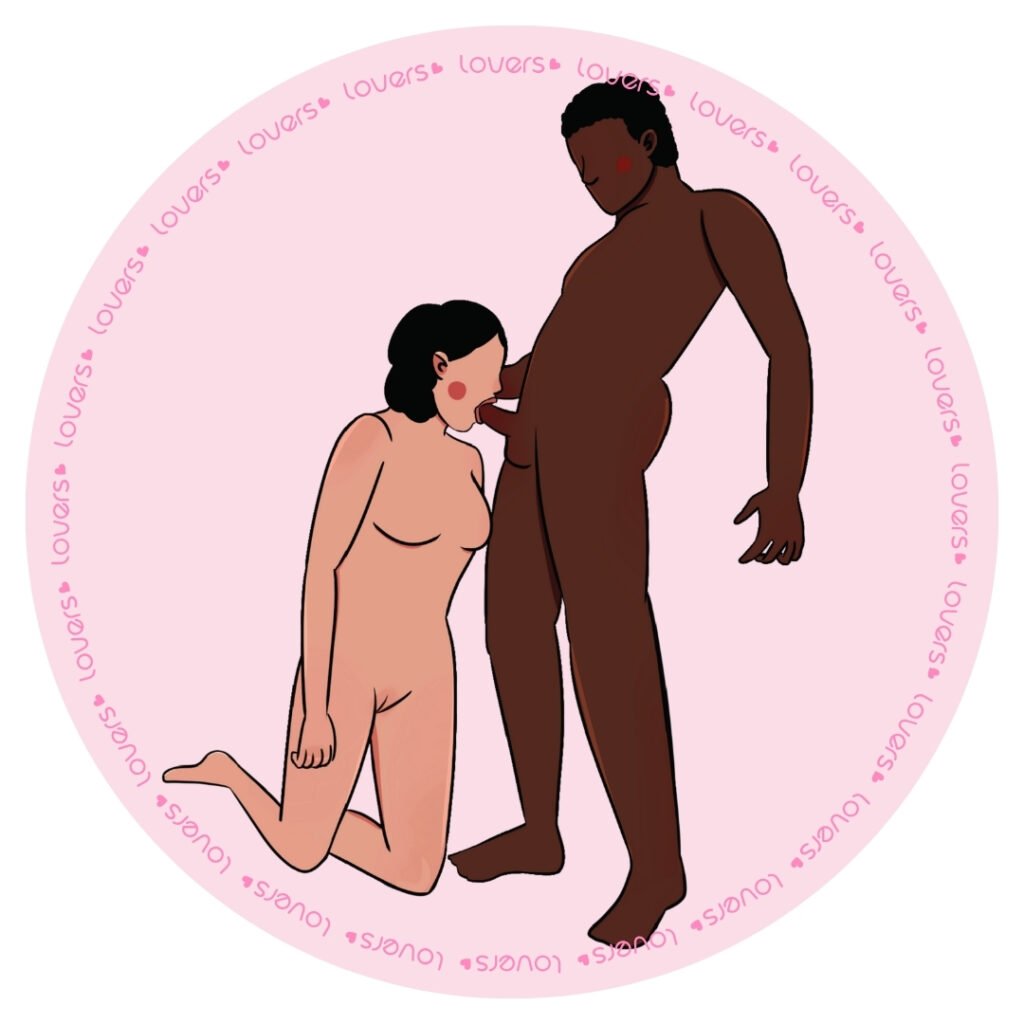 Ilustração da posição sexual Face Fuck com parceiro em pé enquanto a outra pessoa ajoelhada à frente realiza estímulo oral.