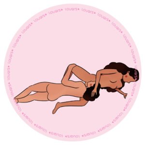 Ilustração da posição sexual Vem Agora com mulher deitada de lado e pernas abertas enquanto outra pessoa, também de lado, realiza estímulo oral.