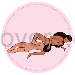 Ilustração da posição sexual Vem Agora com mulher deitada de lado e pernas abertas enquanto outra pessoa, também de lado, realiza estímulo oral.