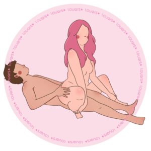 Ilustração da posição sexual Borboleta Paraguaia com parceiro deitado enquanto a outra pessoa se senta de costas por cima, apoiando-se no próprio tornozelo.