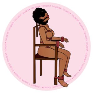 Ilustração da posição sexual Chair Bondage com mulher sentada em cadeira, vendada e amarrada pelos braços e pernas.