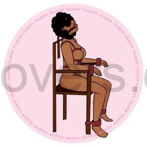 Ilustração da posição sexual Chair Bondage com mulher sentada em cadeira, vendada e amarrada pelos braços e pernas.
