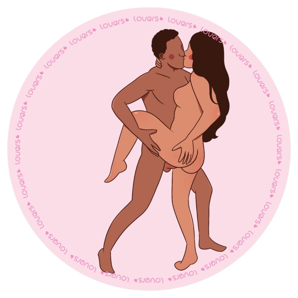Ilustração da posição sexual Canguru com casal em pé, uma perna elevada e segurada pelo parceiro enquanto se beijam.