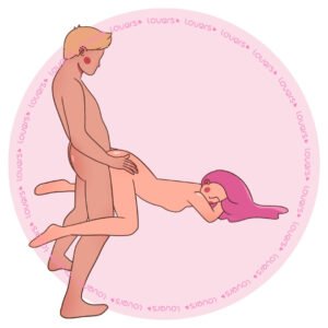 Ilustração da posição sexual Ladeira com mulher na beira da cama, apoiada nos joelhos e peitoral, enquanto parceiro em pé segura sua cintura por trás.