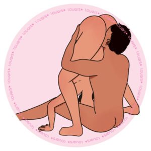 Ilustração da posição sexual Triângulo das Bermudas com parceiro sentado no chão enquanto a outra pessoa, de costas, se inclina à frente com apoio das mãos no chão.