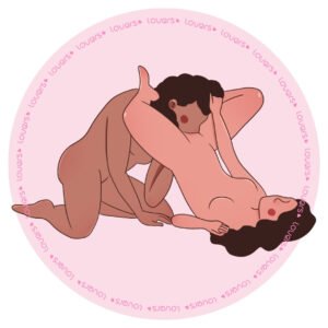 Ilustração da posição sexual Beija Meus Lábios com mulher deitada e pélvis elevada enquanto parceira ajoelhada realiza sexo oral, segurando sua pélvis.