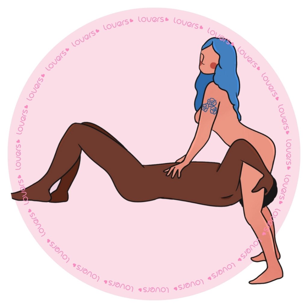 Ilustração da posição sexual Pausa para o Oral com homem deitado na beira da cama enquanto parceira em pé se posiciona sobre seu rosto com apoio no abdômen dele.