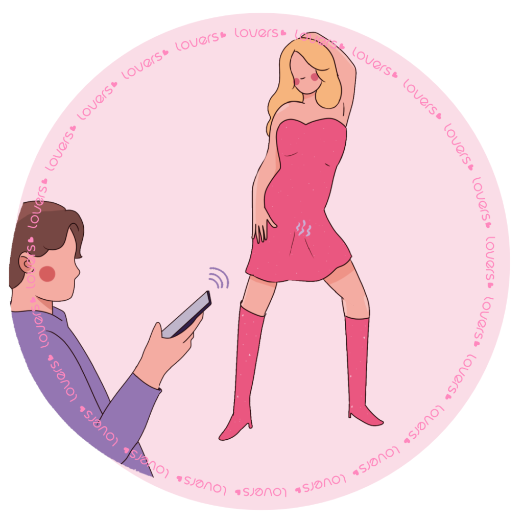 Ilustração da posição sexual Me Leva com mulher em pé utilizando vibrador controlado à distância enquanto parceiro segura o celular.