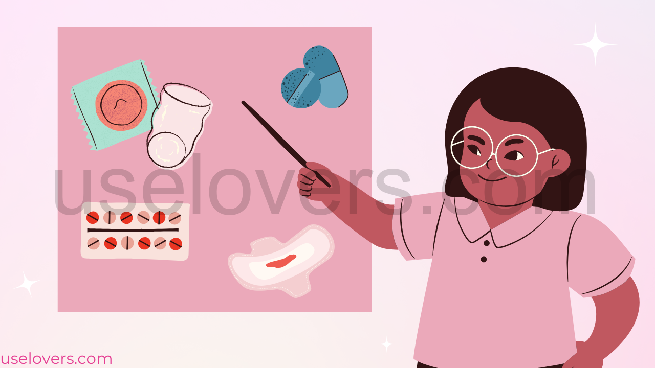Desenho de uma pessoa com óculos apontando para uma lousa com desenhos de comprimidos, absorvente