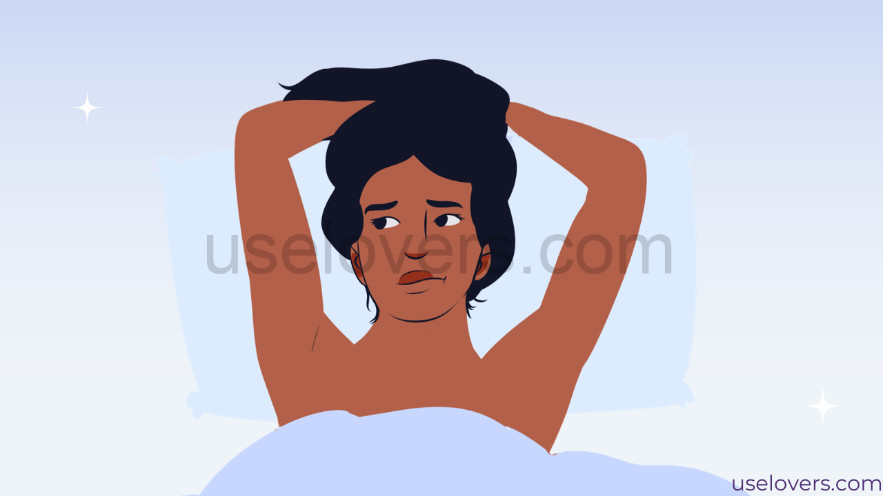 Mulher na cama com cara de apreensiva