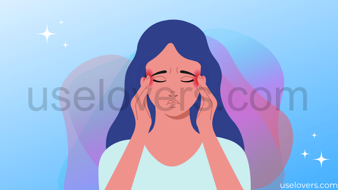 Ilustração de uma mulher com as duas mãos na cabeça parecendo massagear com um semblante de dor