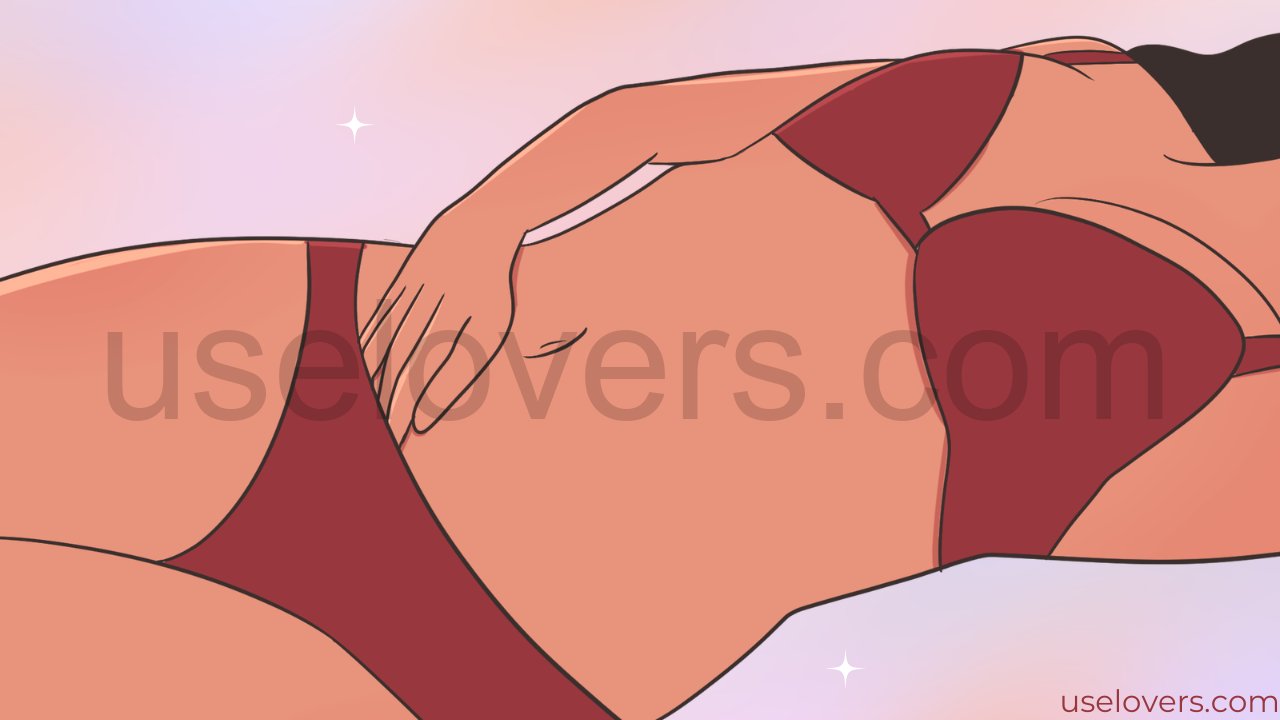 Na imagem temos um corpo feminino, ela está vestida com uma lingerie vinho e com a mão sob a calcinha, como se ela fosse começar uma masturbação