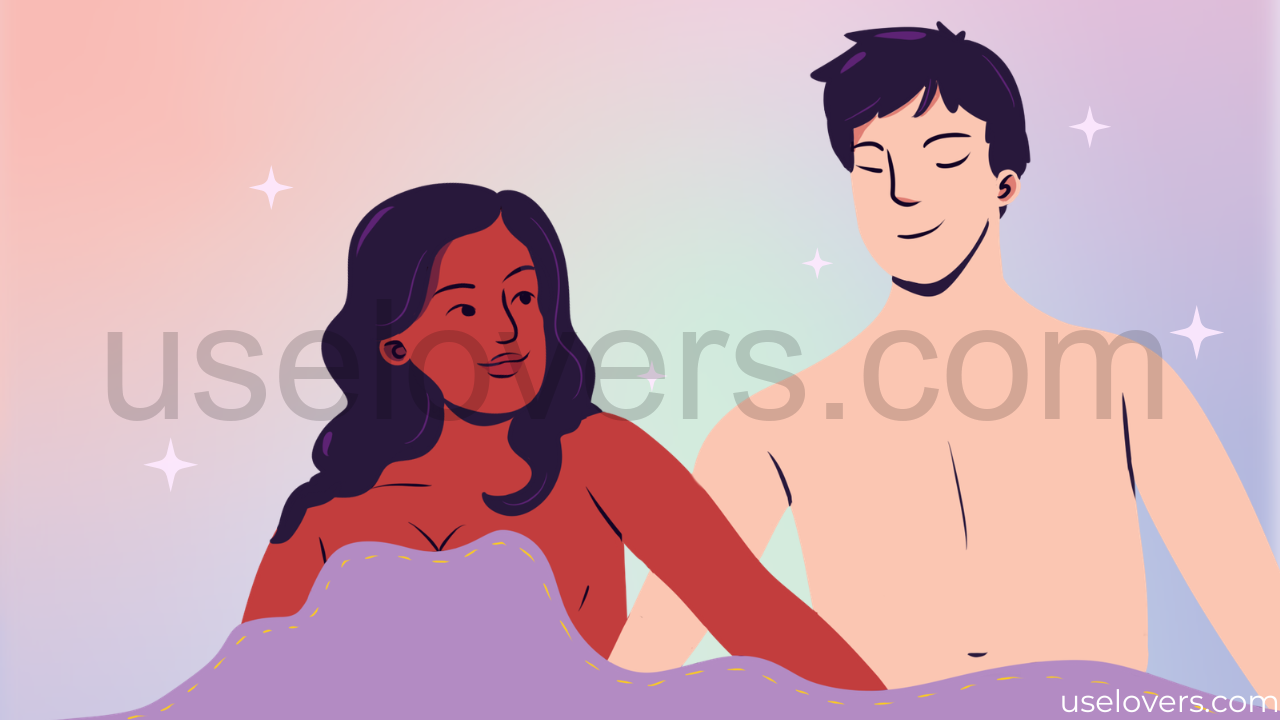 Na imagem temos um homem e uma mulher sentados com um lençol cobrindo na cintura para baixo e cada um está com a mão por baixo do lençol em direção ao outro, sugerindo uma masturbação mútua