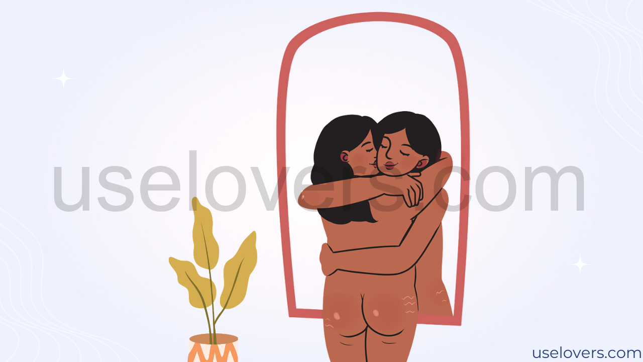 Imagem de uma mulher abraçando seu reflexo no espelho