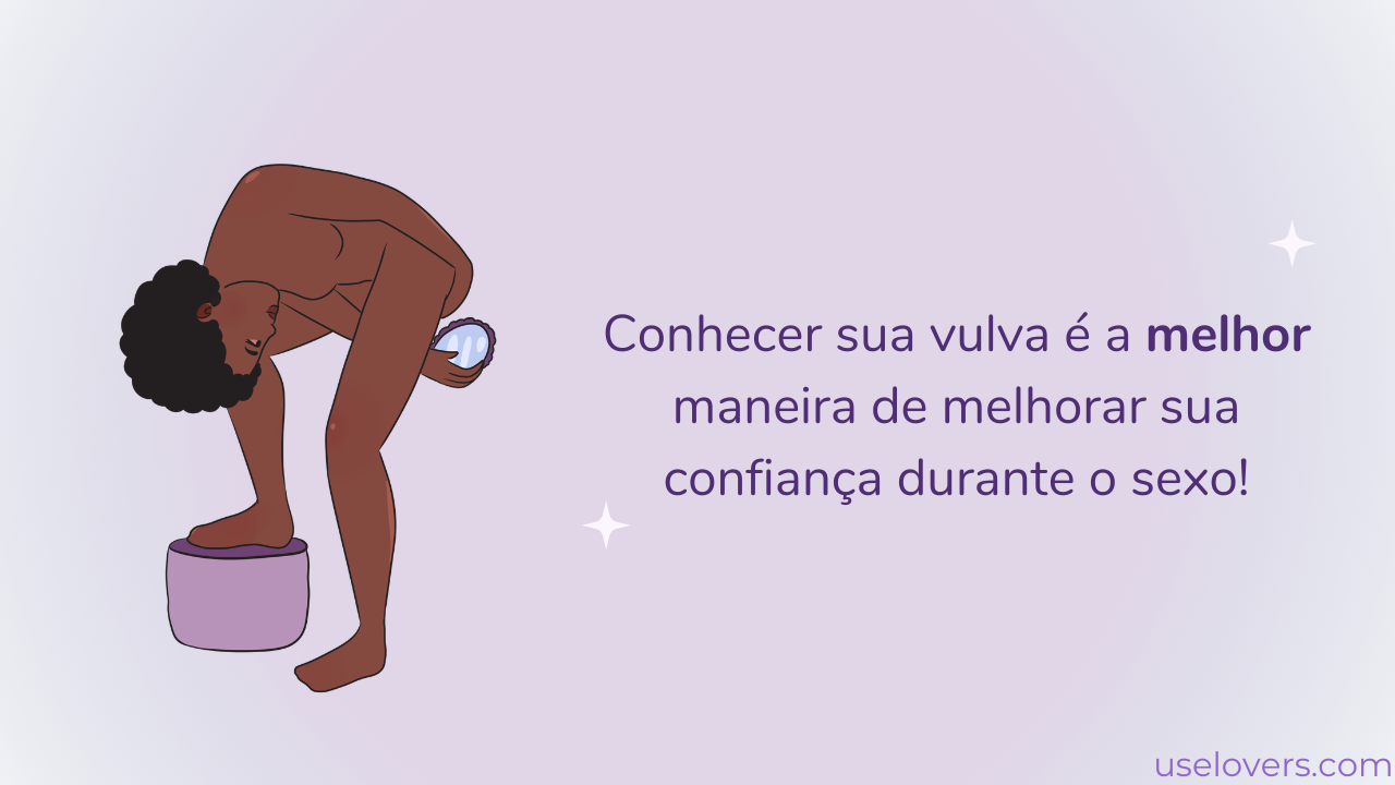 Uma mulher está abaixada com um espelho posicionado na região intima e uma frase escrita "Conhecer sua vulva é a melhor maneira de melhorar sua confiança durante o sexo!"