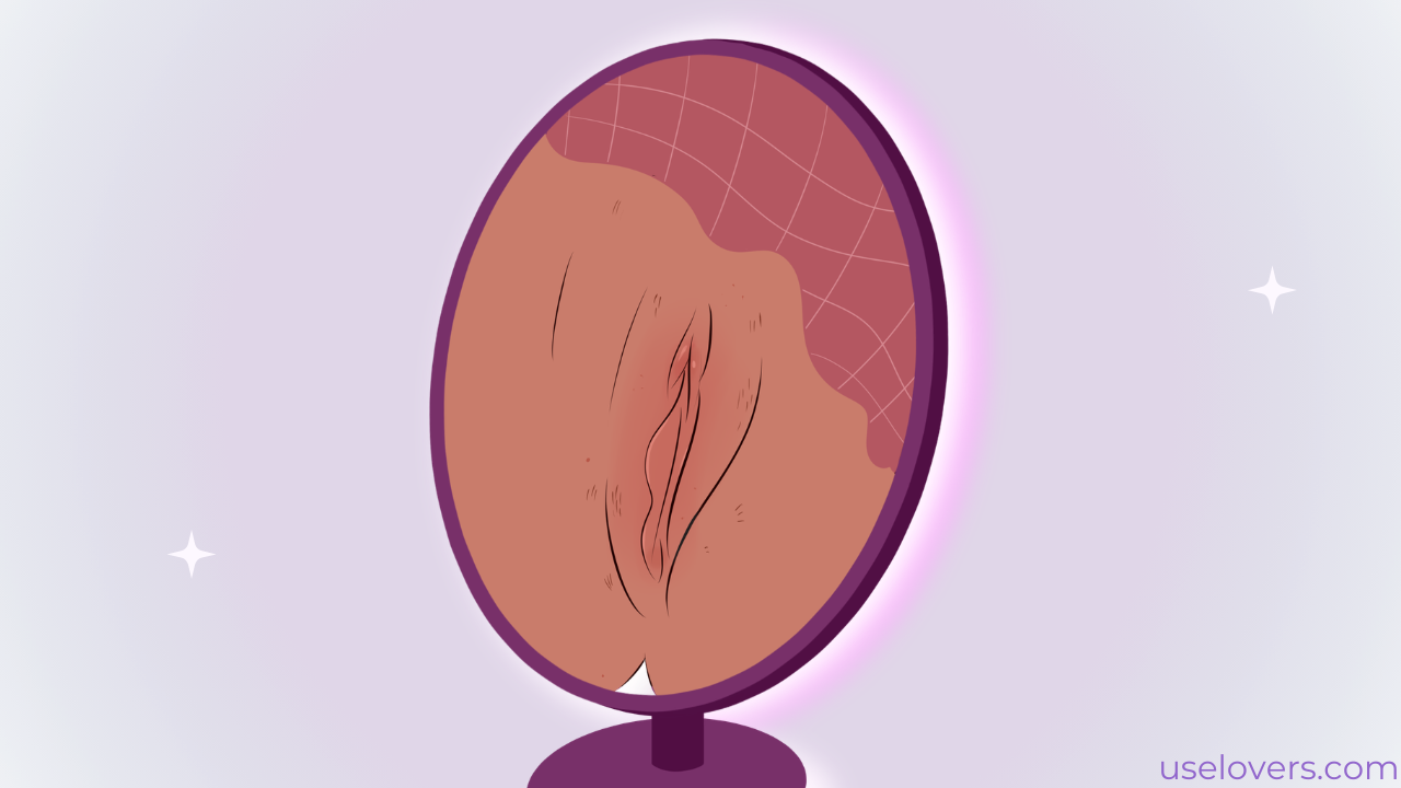 Imagem de um espelho refletindo uma vulva, a vulva tem lábios assimétricos e alguns pelos