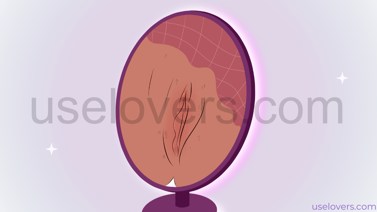 Imagem de um espelho refletindo uma vulva, a vulva tem lábios assimétricos e alguns pelos