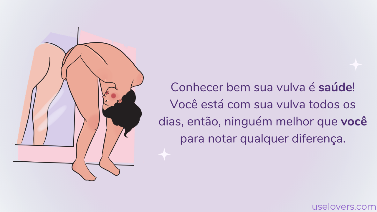 Uma mulher está de costas pro espelho abaixada e olhando-o por entre suas pernas e uma frase escrita "Conhecer bem sua vulva é saúde! Você está com sua vulva todos os dias, então, ninguém melhor que você para notar qualquer diferença."