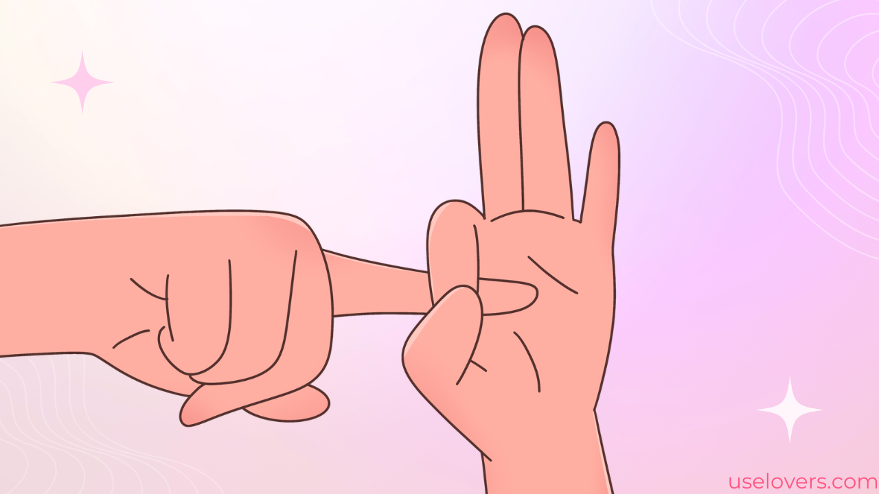 dedo indicador no meio do dedão e indicador de outra mão